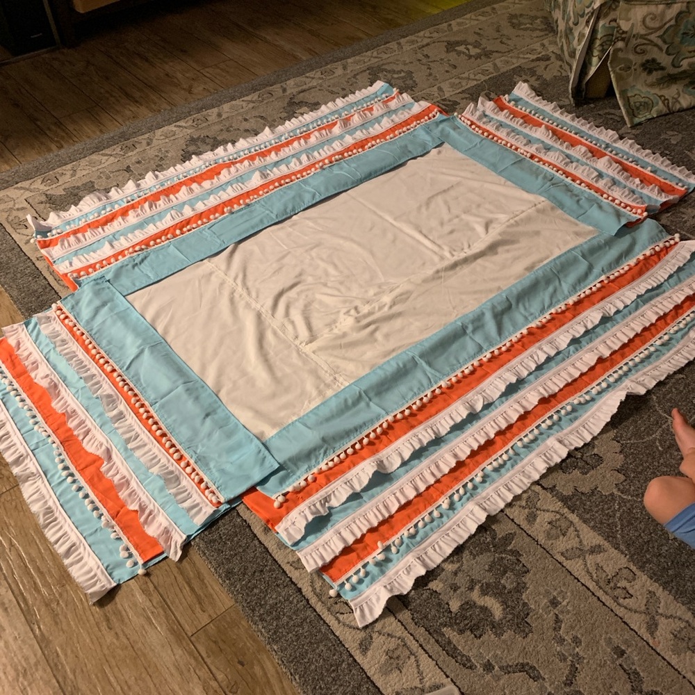 Floral crib sheets muslin coral and turquoise and handmade pom pom crib skirt